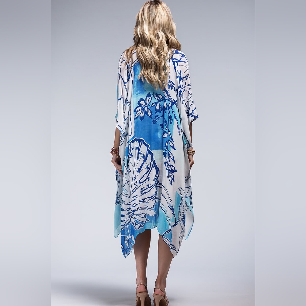 Blue Palm Watercolor Tropical Print Kimono - Silky Material - Lightweight & Airy - Picture 4 of 5